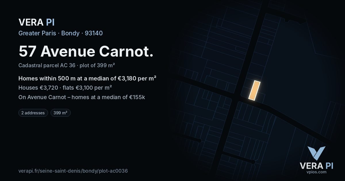 57 Avenue Carnot, Bondy at night – the plot lit, the parcels around coloured by the prices near them