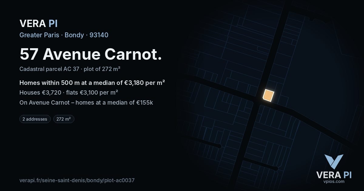 57 Avenue Carnot, Bondy at night – the plot lit, the parcels around coloured by the prices near them