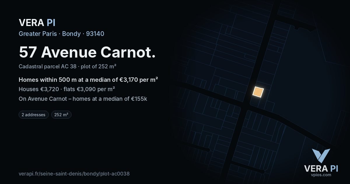 57 Avenue Carnot, Bondy at night – the plot lit, the parcels around coloured by the prices near them