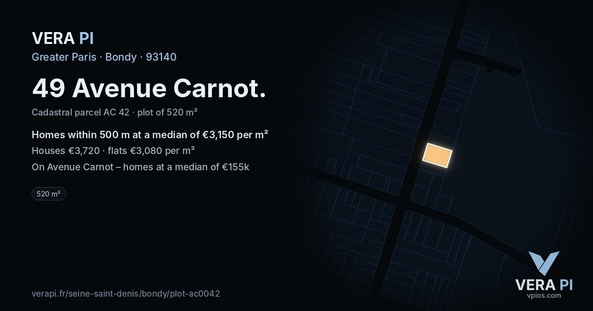 49 Avenue Carnot, Bondy at night – the plot lit, the parcels around coloured by the prices near them