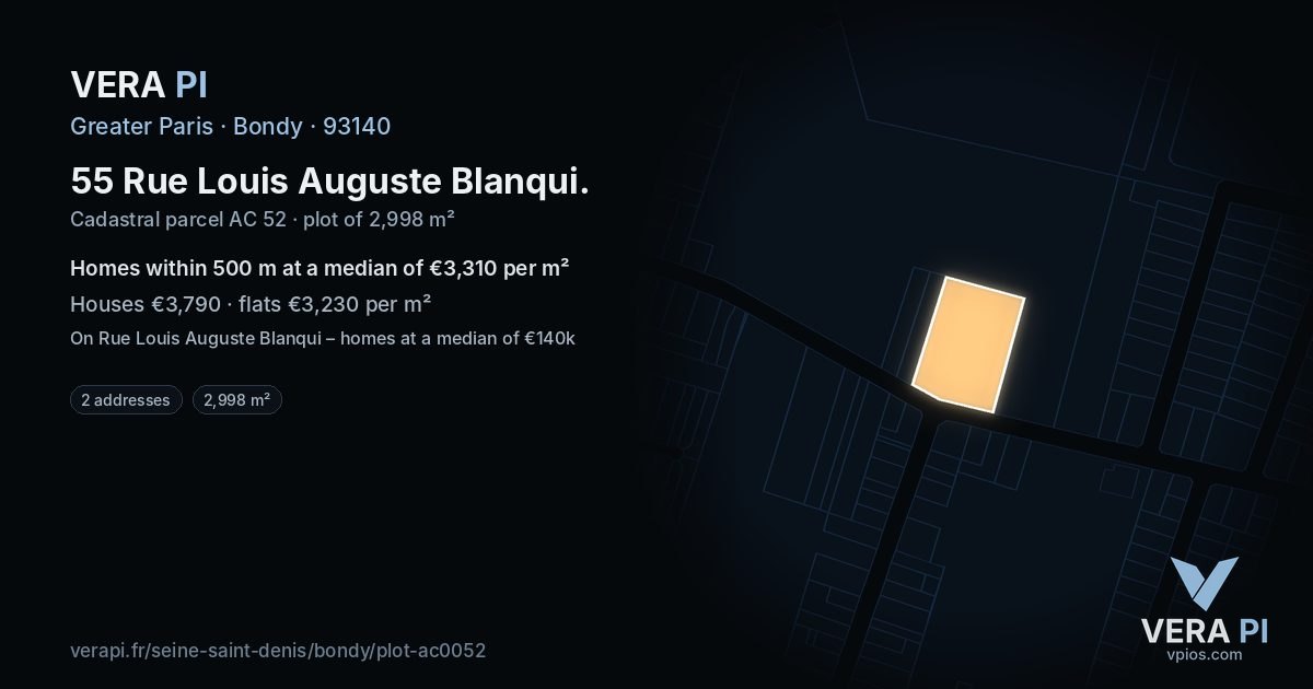 55 Rue Louis Auguste Blanqui, Bondy at night – the plot lit, the parcels around coloured by the prices near them