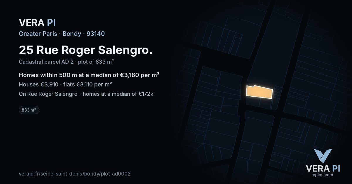 25 Rue Roger Salengro, Bondy at night – the plot lit, the parcels around coloured by the prices near them