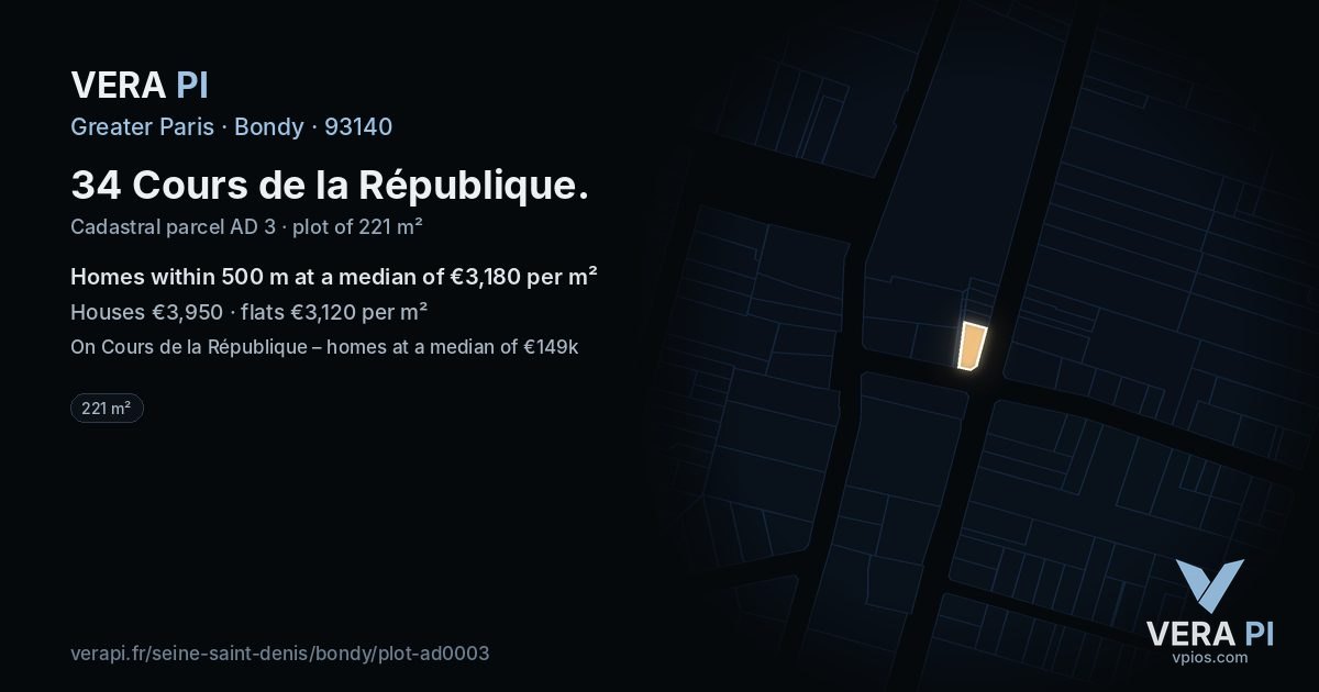 34 Cours de la République, Bondy at night – the plot lit, the parcels around coloured by the prices near them