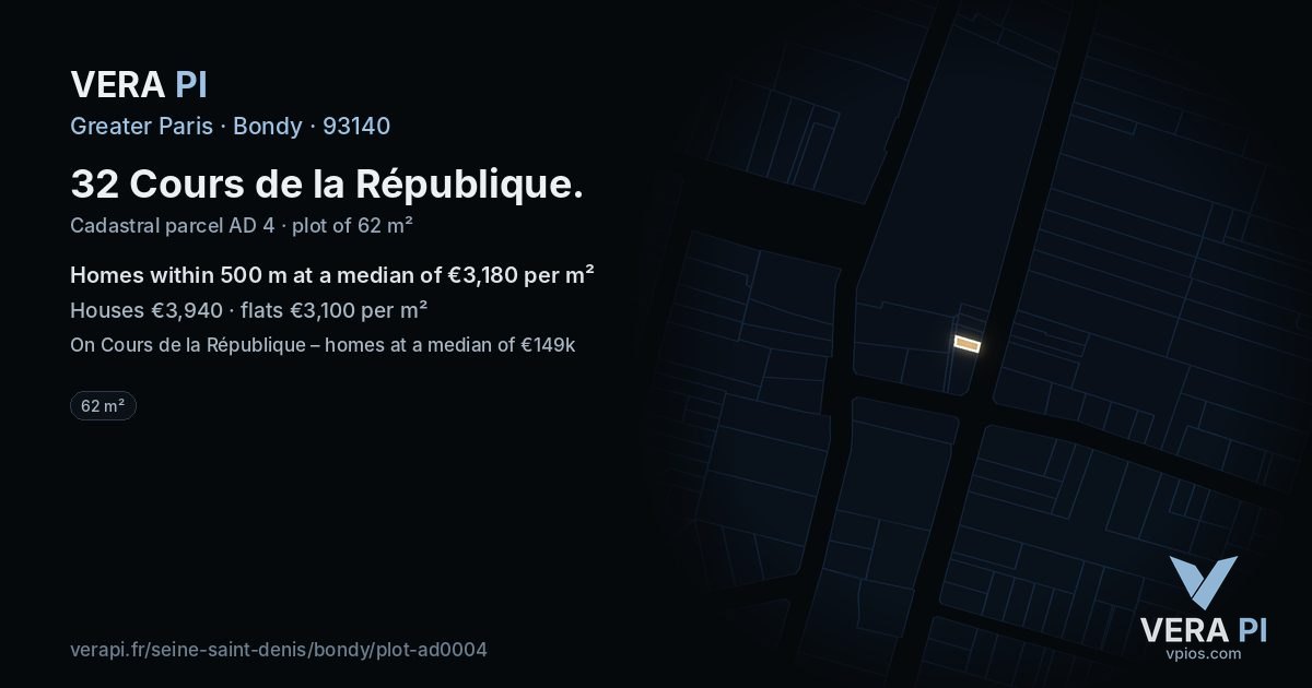 32 Cours de la République, Bondy at night – the plot lit, the parcels around coloured by the prices near them