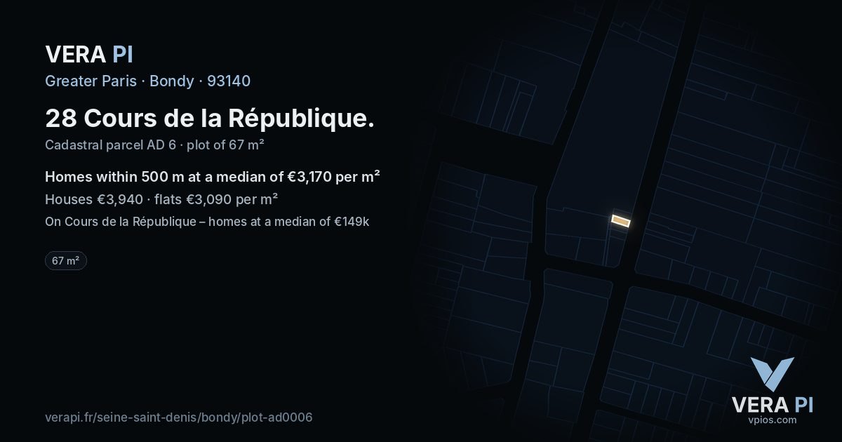 28 Cours de la République, Bondy at night – the plot lit, the parcels around coloured by the prices near them