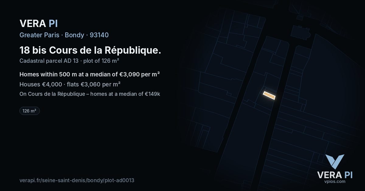 18 bis Cours de la République, Bondy at night – the plot lit, the parcels around coloured by the prices near them