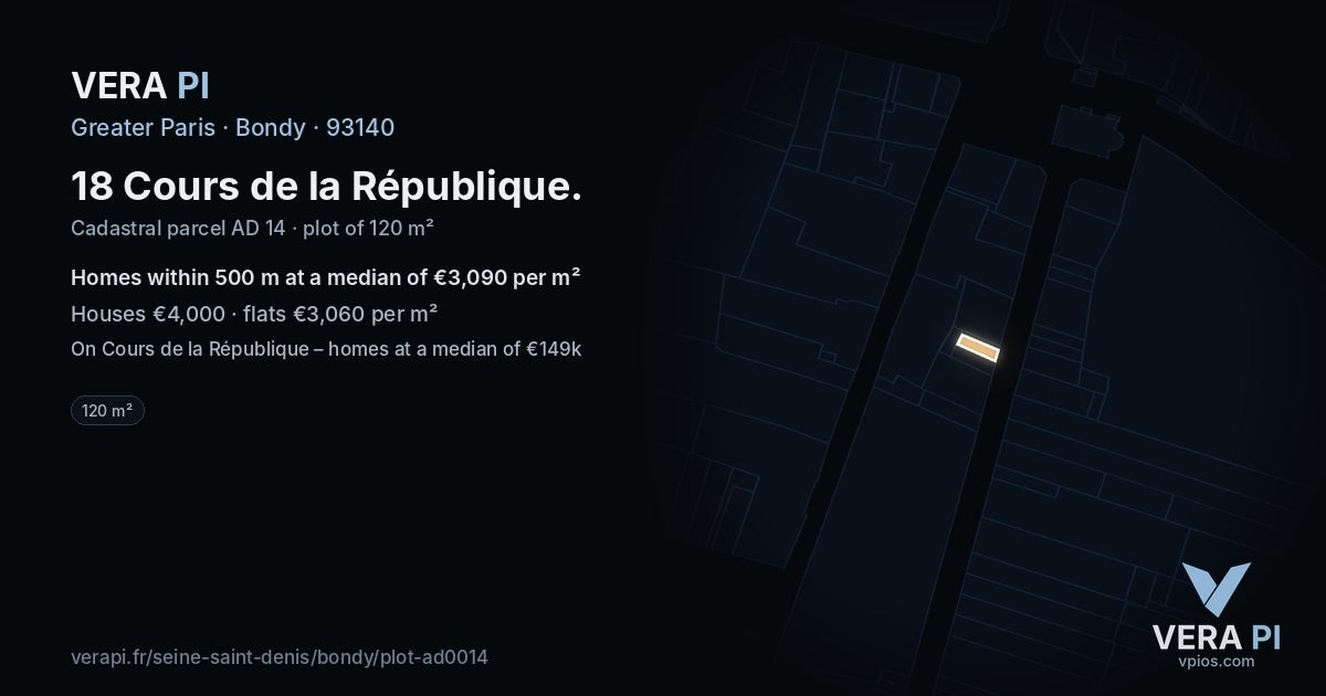 18 Cours de la République, Bondy at night – the plot lit, the parcels around coloured by the prices near them