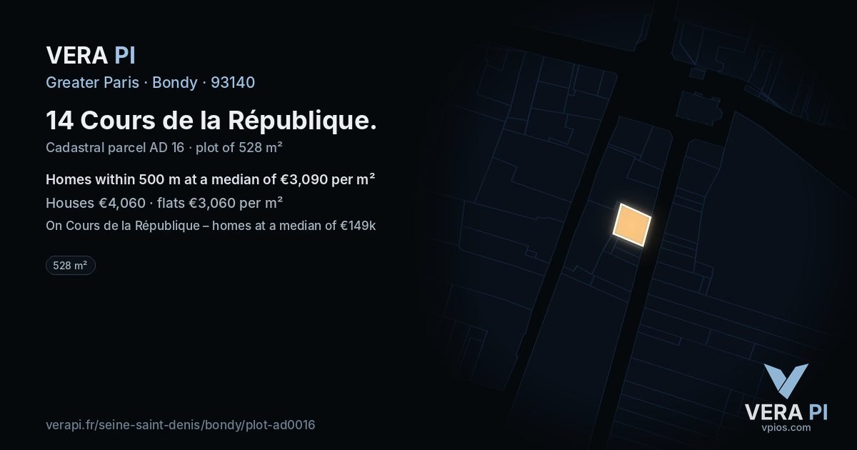 14 Cours de la République, Bondy at night – the plot lit, the parcels around coloured by the prices near them