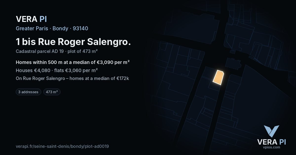 1 bis Rue Roger Salengro, Bondy at night – the plot lit, the parcels around coloured by the prices near them
