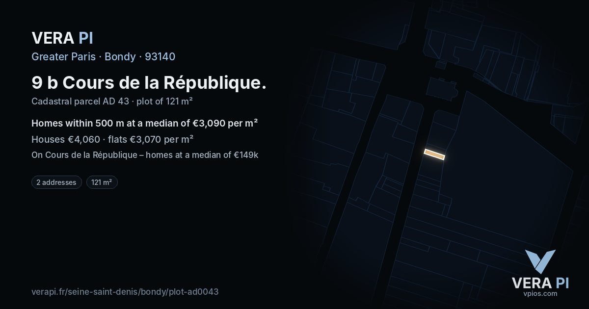 9 b Cours de la République, Bondy at night – the plot lit, the parcels around coloured by the prices near them