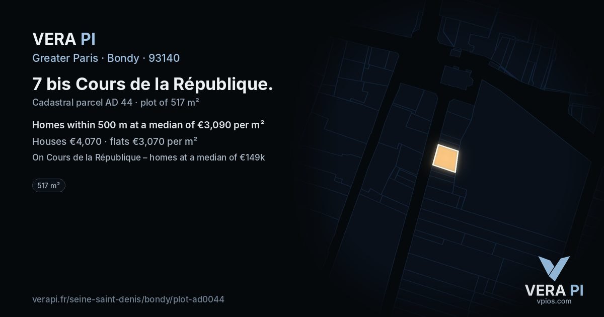 7 bis Cours de la République, Bondy at night – the plot lit, the parcels around coloured by the prices near them