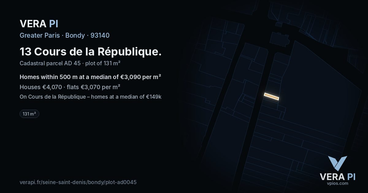 13 Cours de la République, Bondy at night – the plot lit, the parcels around coloured by the prices near them