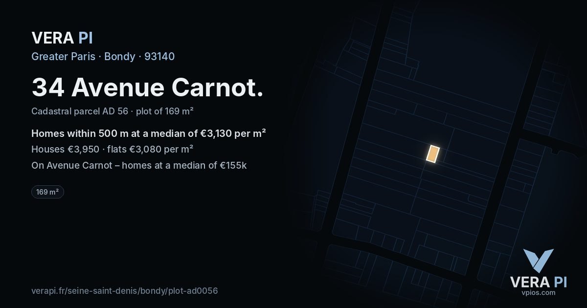 34 Avenue Carnot, Bondy at night – the plot lit, the parcels around coloured by the prices near them