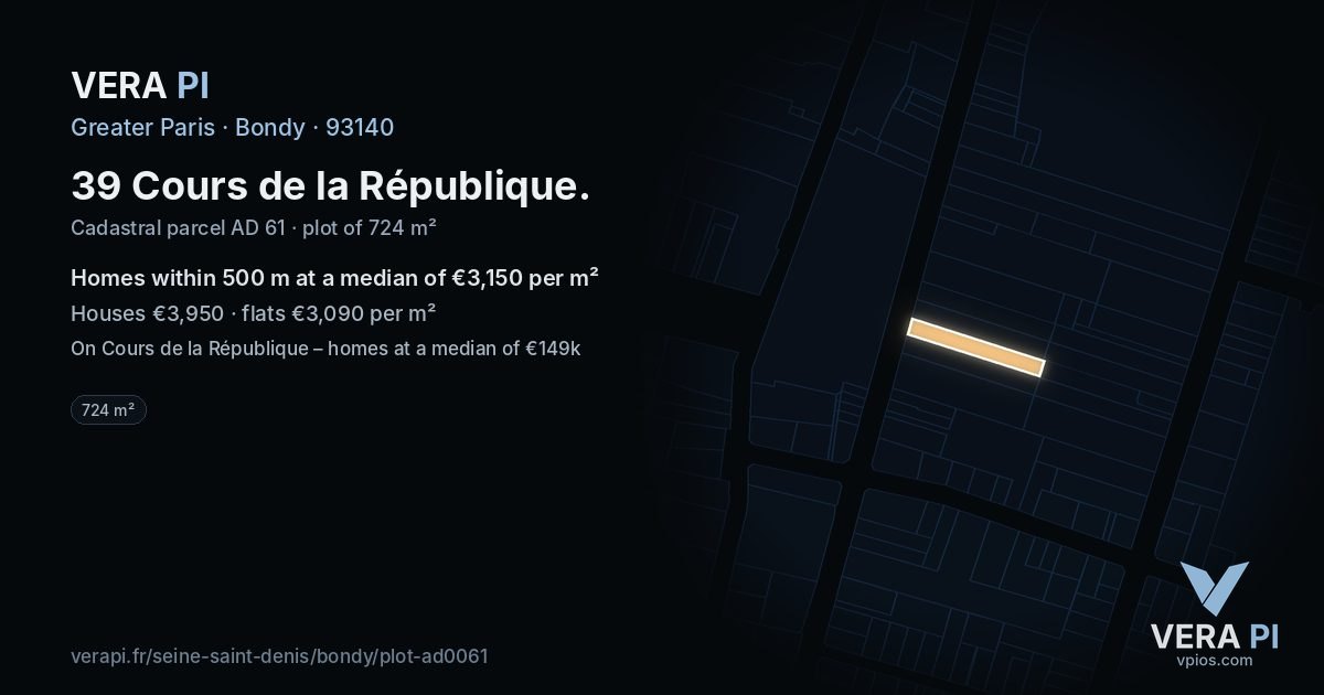 39 Cours de la République, Bondy at night – the plot lit, the parcels around coloured by the prices near them