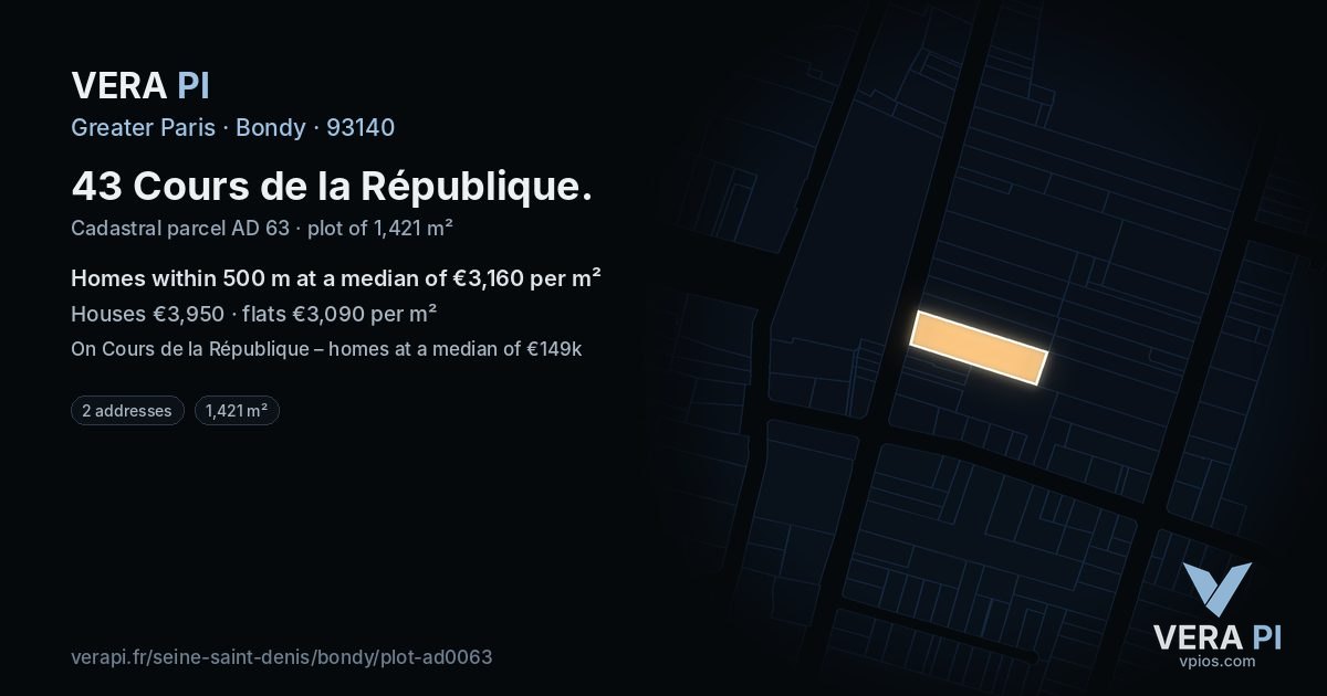 43 Cours de la République, Bondy at night – the plot lit, the parcels around coloured by the prices near them