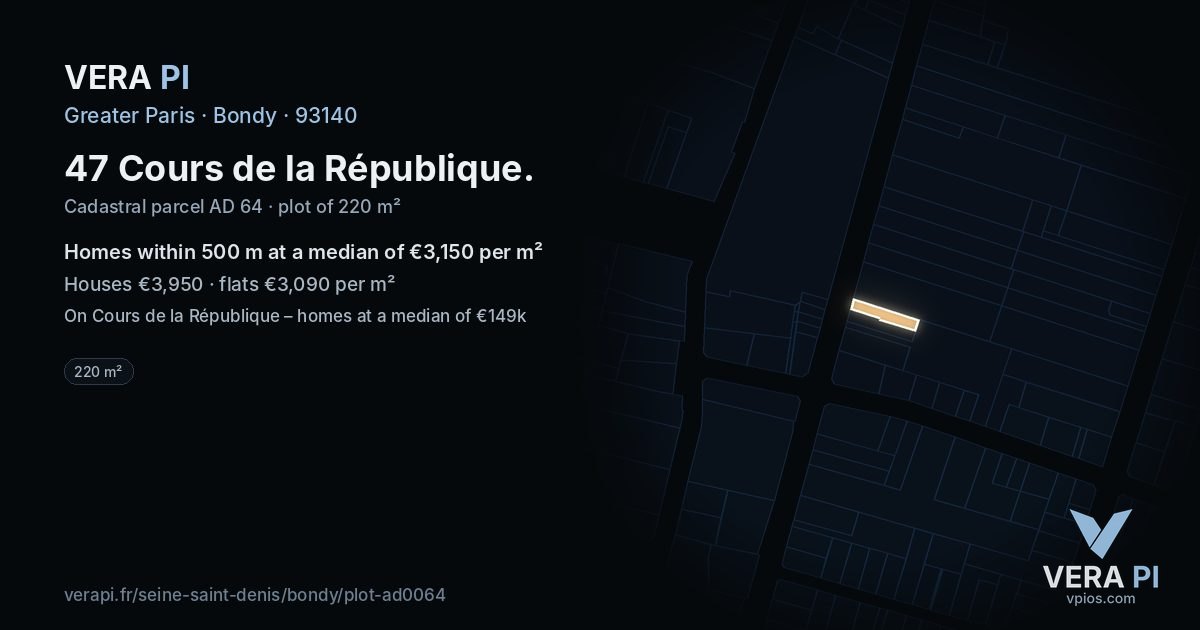 47 Cours de la République, Bondy at night – the plot lit, the parcels around coloured by the prices near them