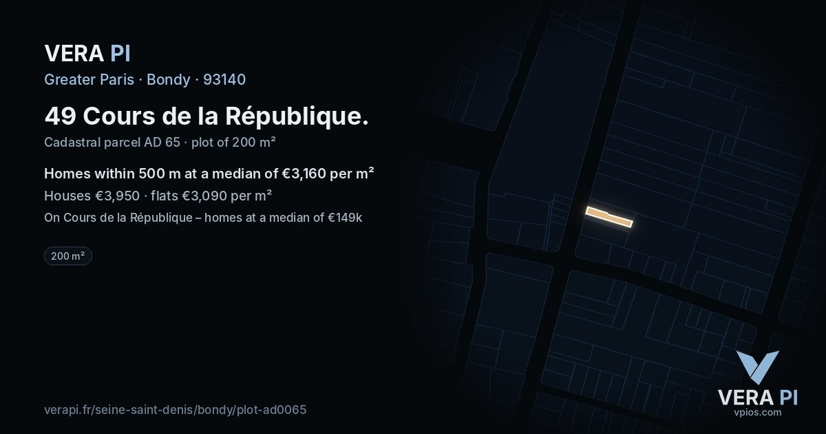 49 Cours de la République, Bondy at night – the plot lit, the parcels around coloured by the prices near them