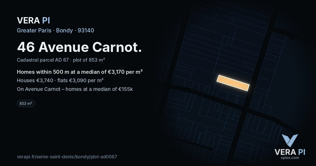 46 Avenue Carnot, Bondy at night – the plot lit, the parcels around coloured by the prices near them