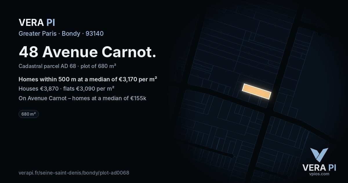 48 Avenue Carnot, Bondy at night – the plot lit, the parcels around coloured by the prices near them