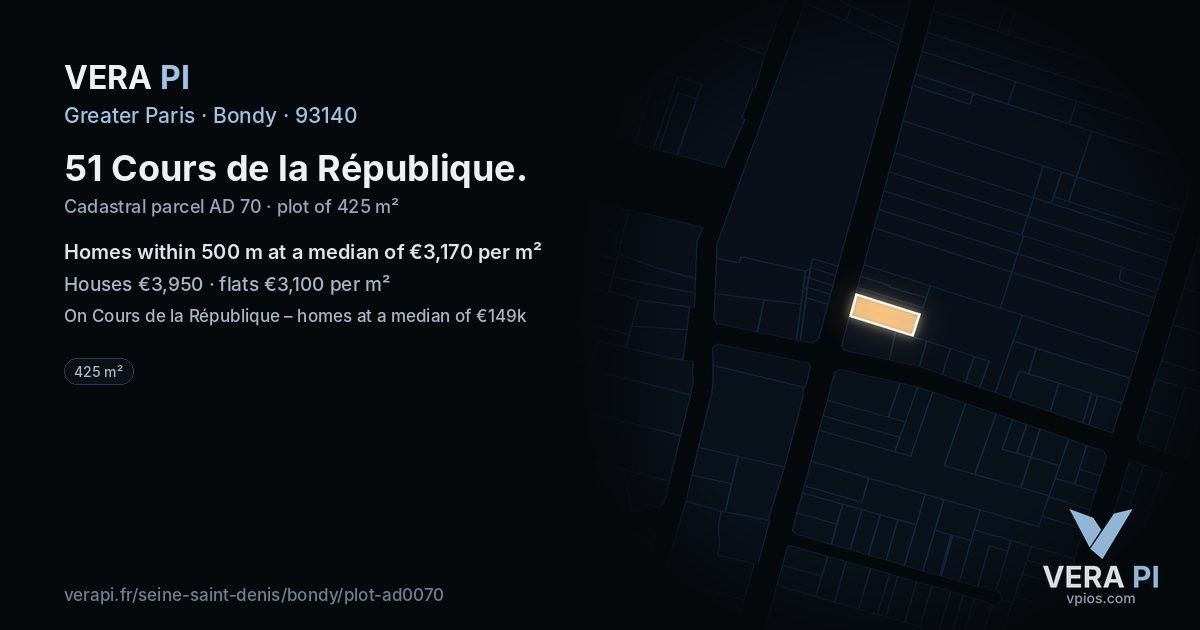 51 Cours de la République, Bondy at night – the plot lit, the parcels around coloured by the prices near them