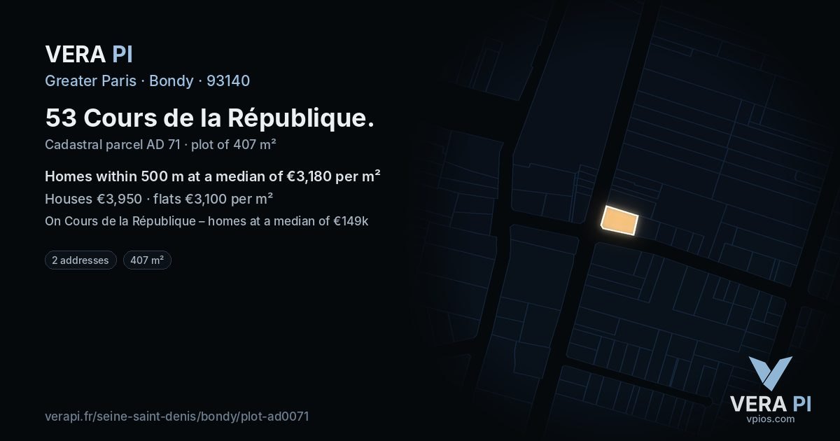 53 Cours de la République, Bondy at night – the plot lit, the parcels around coloured by the prices near them