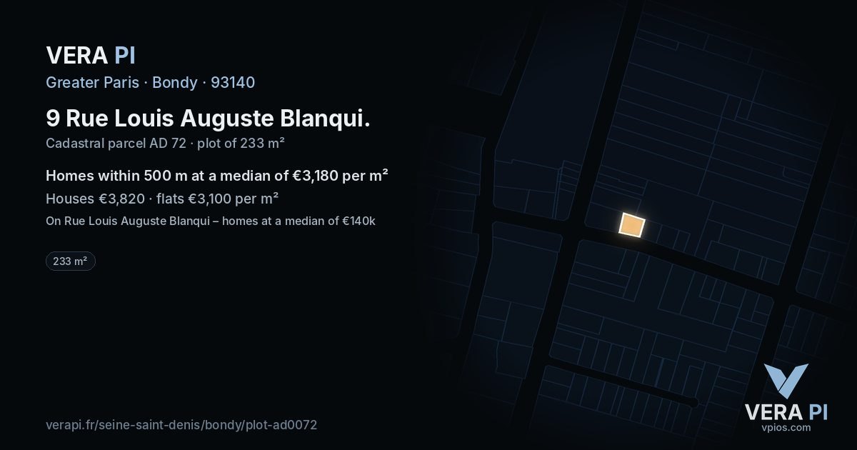 9 Rue Louis Auguste Blanqui, Bondy at night – the plot lit, the parcels around coloured by the prices near them