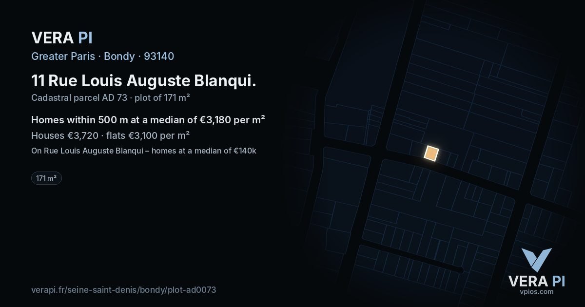 11 Rue Louis Auguste Blanqui, Bondy at night – the plot lit, the parcels around coloured by the prices near them