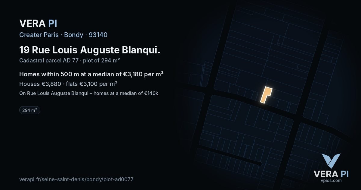 19 Rue Louis Auguste Blanqui, Bondy at night – the plot lit, the parcels around coloured by the prices near them