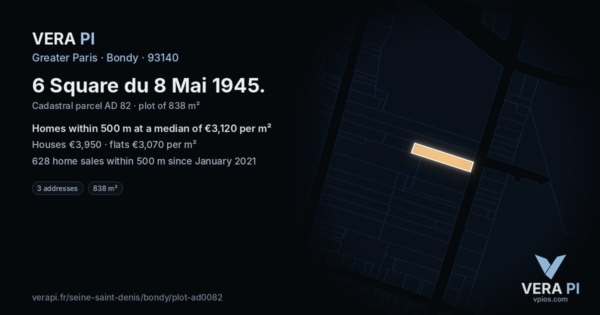 6 Square du 8 Mai 1945, Bondy at night – the plot lit, the parcels around coloured by the prices near them