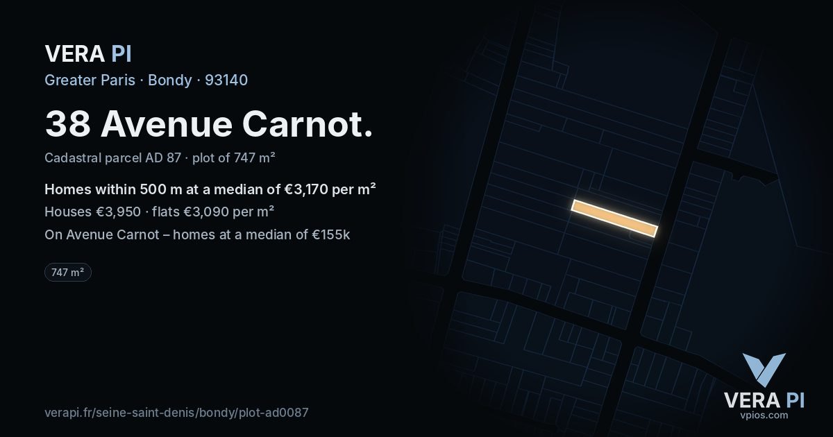 38 Avenue Carnot, Bondy at night – the plot lit, the parcels around coloured by the prices near them
