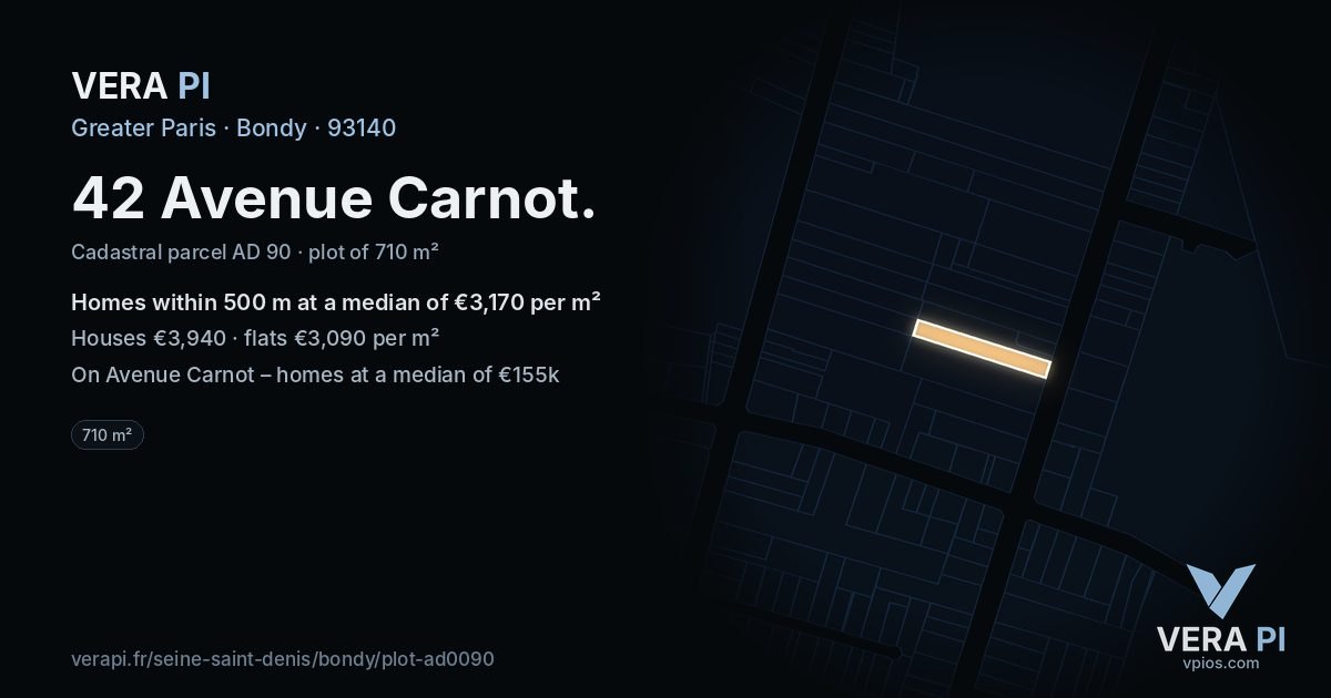 42 Avenue Carnot, Bondy at night – the plot lit, the parcels around coloured by the prices near them