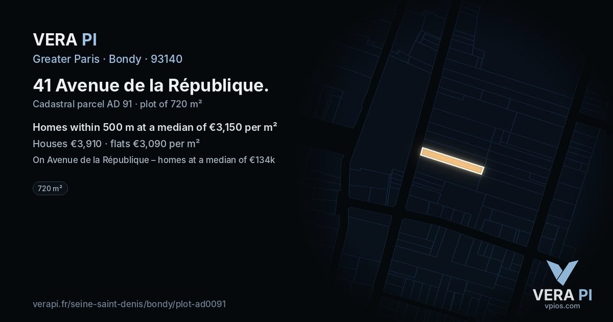 41 Avenue de la République, Bondy at night – the plot lit, the parcels around coloured by the prices near them