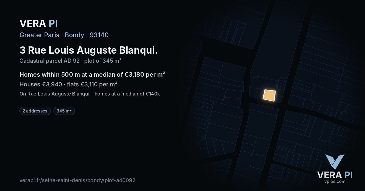 3 Rue Louis Auguste Blanqui, Bondy at night – the plot lit, the parcels around coloured by the prices near them