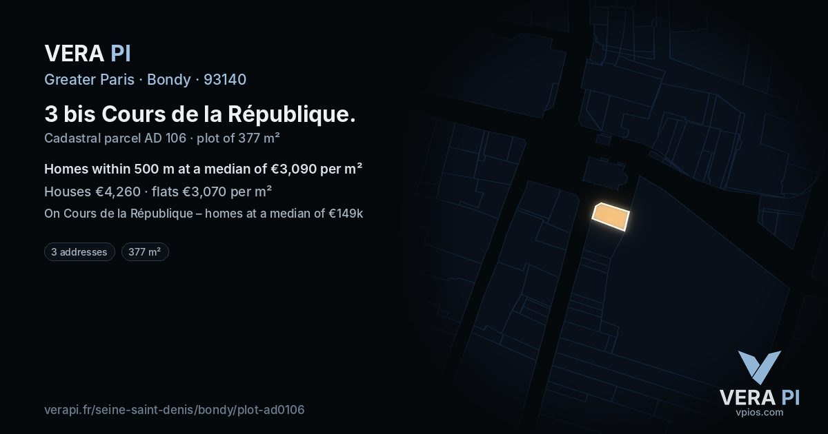 3 bis Cours de la République, Bondy at night – the plot lit, the parcels around coloured by the prices near them