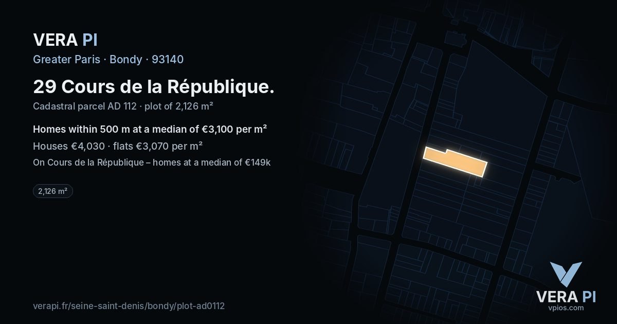 29 Cours de la République, Bondy at night – the plot lit, the parcels around coloured by the prices near them