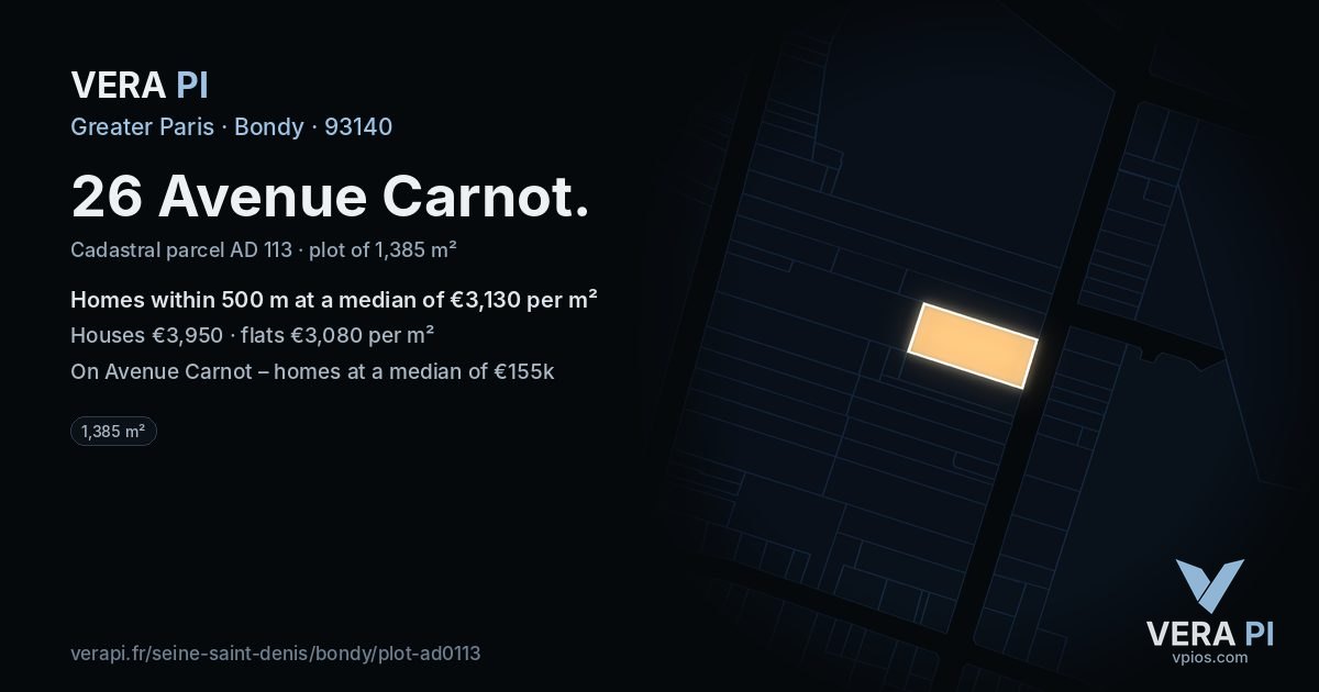 26 Avenue Carnot, Bondy at night – the plot lit, the parcels around coloured by the prices near them