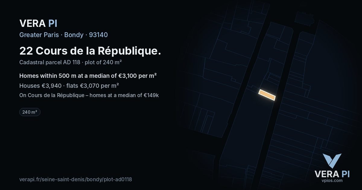22 Cours de la République, Bondy at night – the plot lit, the parcels around coloured by the prices near them