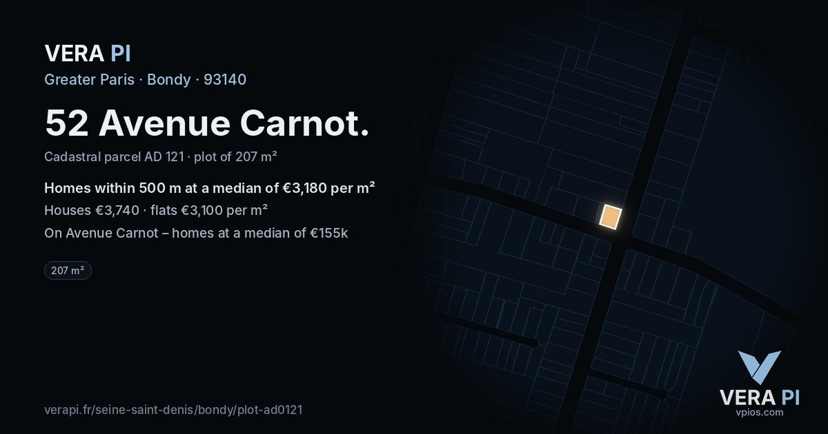 52 Avenue Carnot, Bondy at night – the plot lit, the parcels around coloured by the prices near them