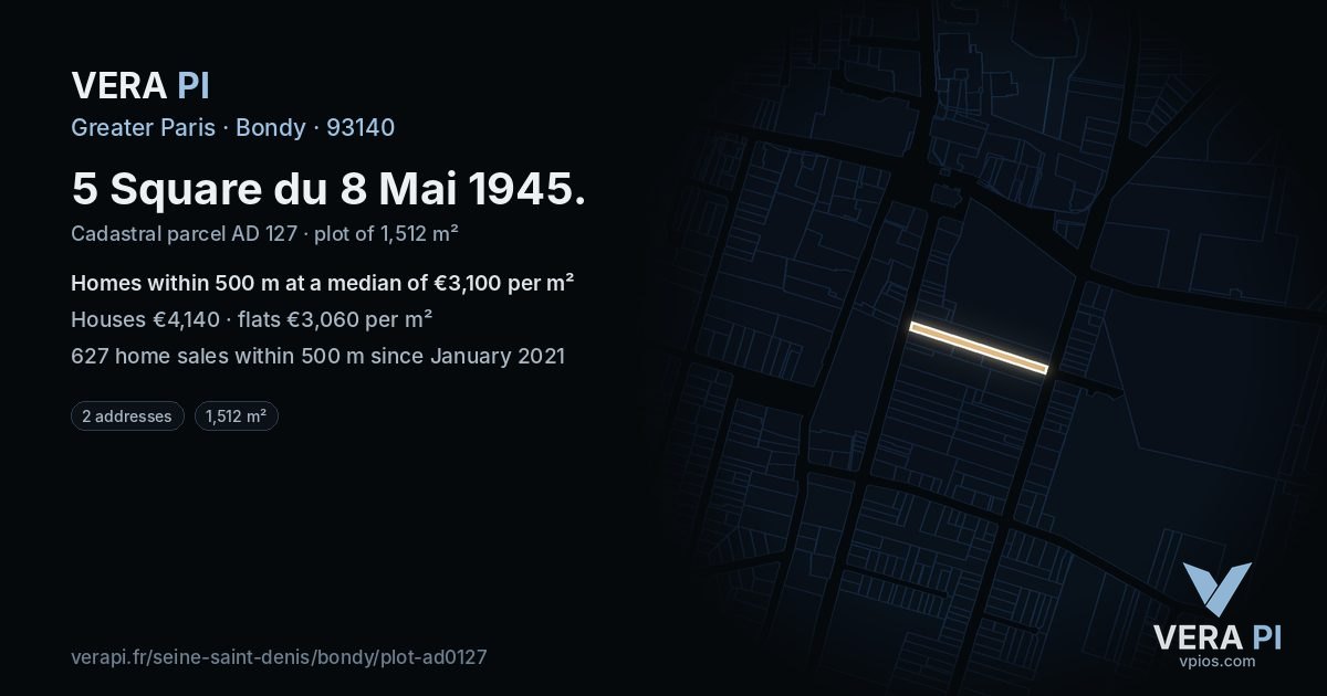 5 Square du 8 Mai 1945, Bondy at night – the plot lit, the parcels around coloured by the prices near them