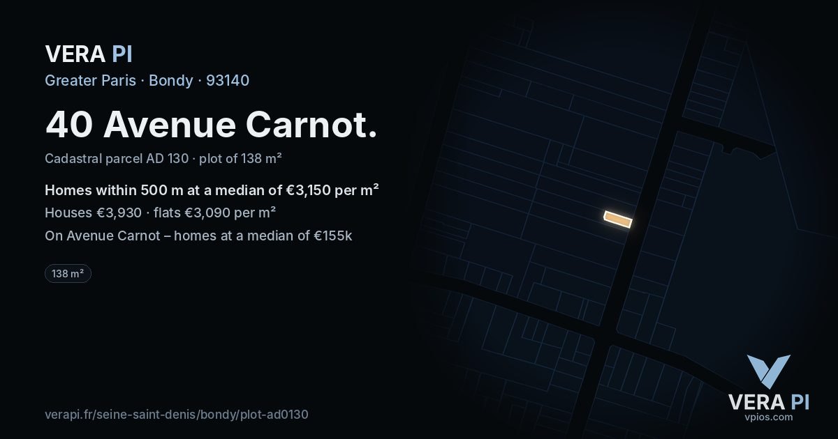 40 Avenue Carnot, Bondy at night – the plot lit, the parcels around coloured by the prices near them