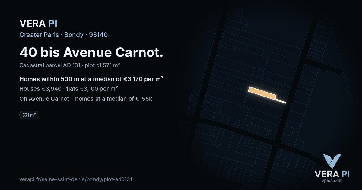 40 bis Avenue Carnot, Bondy at night – the plot lit, the parcels around coloured by the prices near them