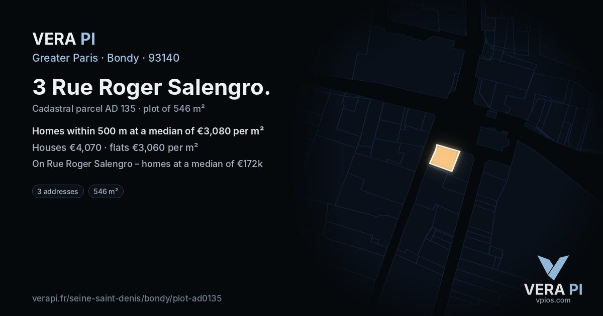 3 Rue Roger Salengro, Bondy at night – the plot lit, the parcels around coloured by the prices near them