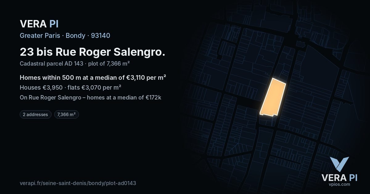 23 bis Rue Roger Salengro, Bondy at night – the plot lit, the parcels around coloured by the prices near them