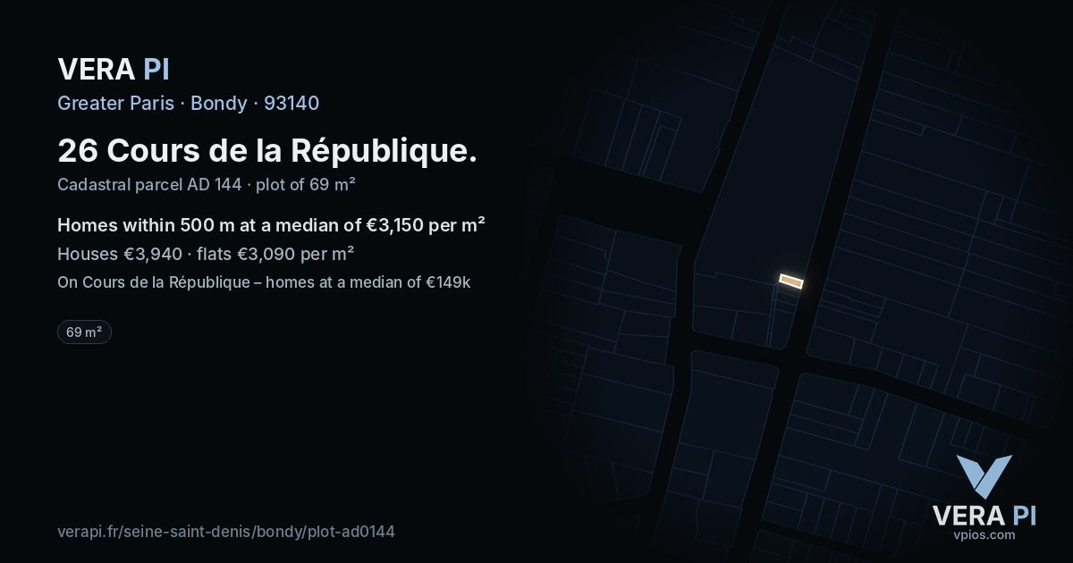 26 Cours de la République, Bondy at night – the plot lit, the parcels around coloured by the prices near them