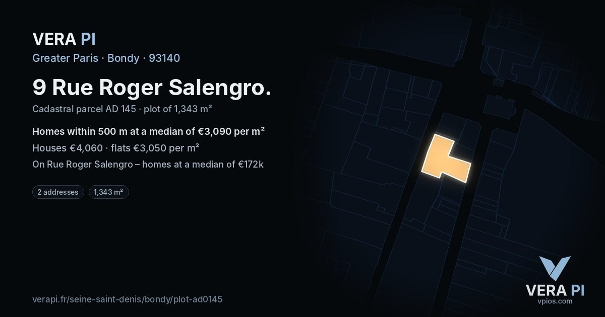 9 Rue Roger Salengro, Bondy at night – the plot lit, the parcels around coloured by the prices near them