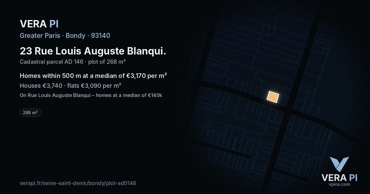 23 Rue Louis Auguste Blanqui, Bondy at night – the plot lit, the parcels around coloured by the prices near them