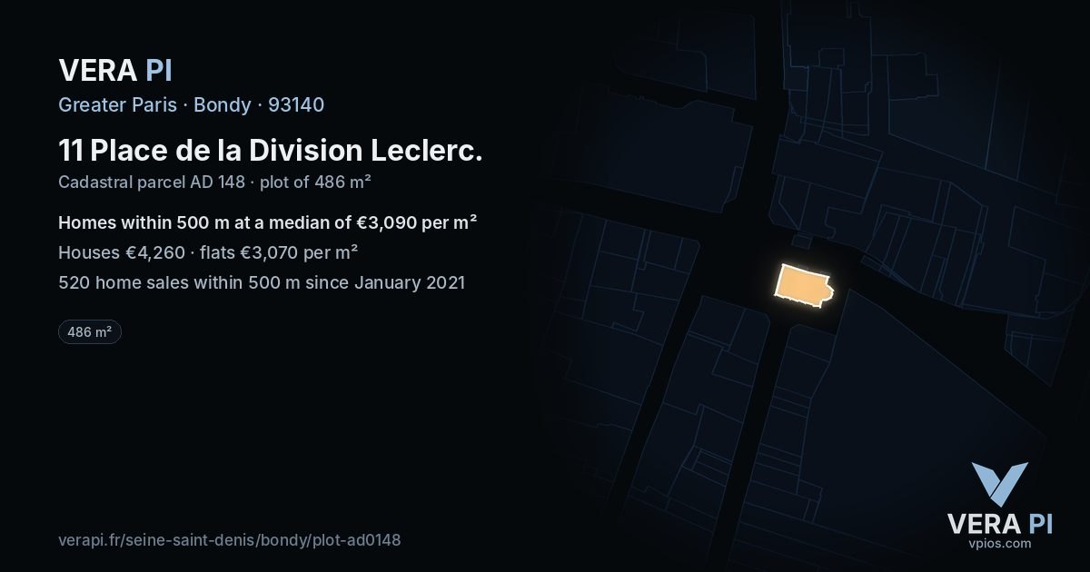 11 Place de la Division Leclerc, Bondy at night – the plot lit, the parcels around coloured by the prices near them