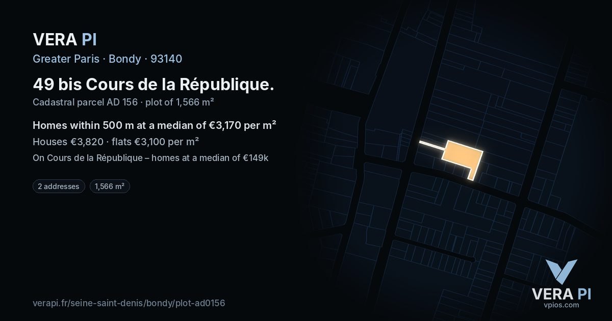 49 bis Cours de la République, Bondy at night – the plot lit, the parcels around coloured by the prices near them
