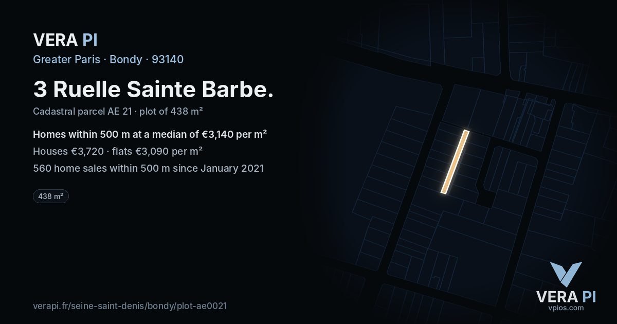 3 Ruelle Sainte Barbe, Bondy at night – the plot lit, the parcels around coloured by the prices near them