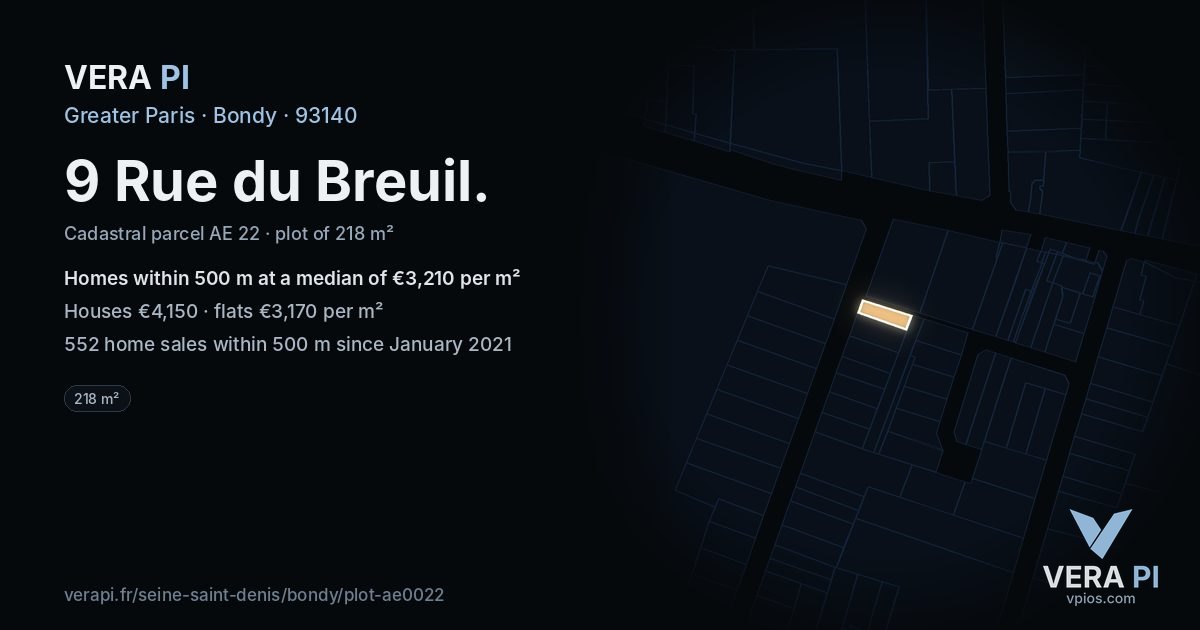 9 Rue du Breuil, Bondy at night – the plot lit, the parcels around coloured by the prices near them